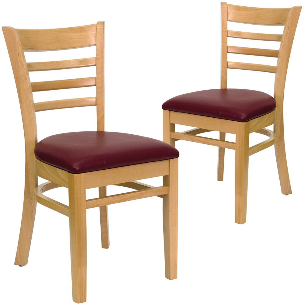 2 Pk. HERCULES Series Natural Wood Finished Ladder Back Wooden Restaurant Chair - Burgundy Vinyl Seat. Picture 1