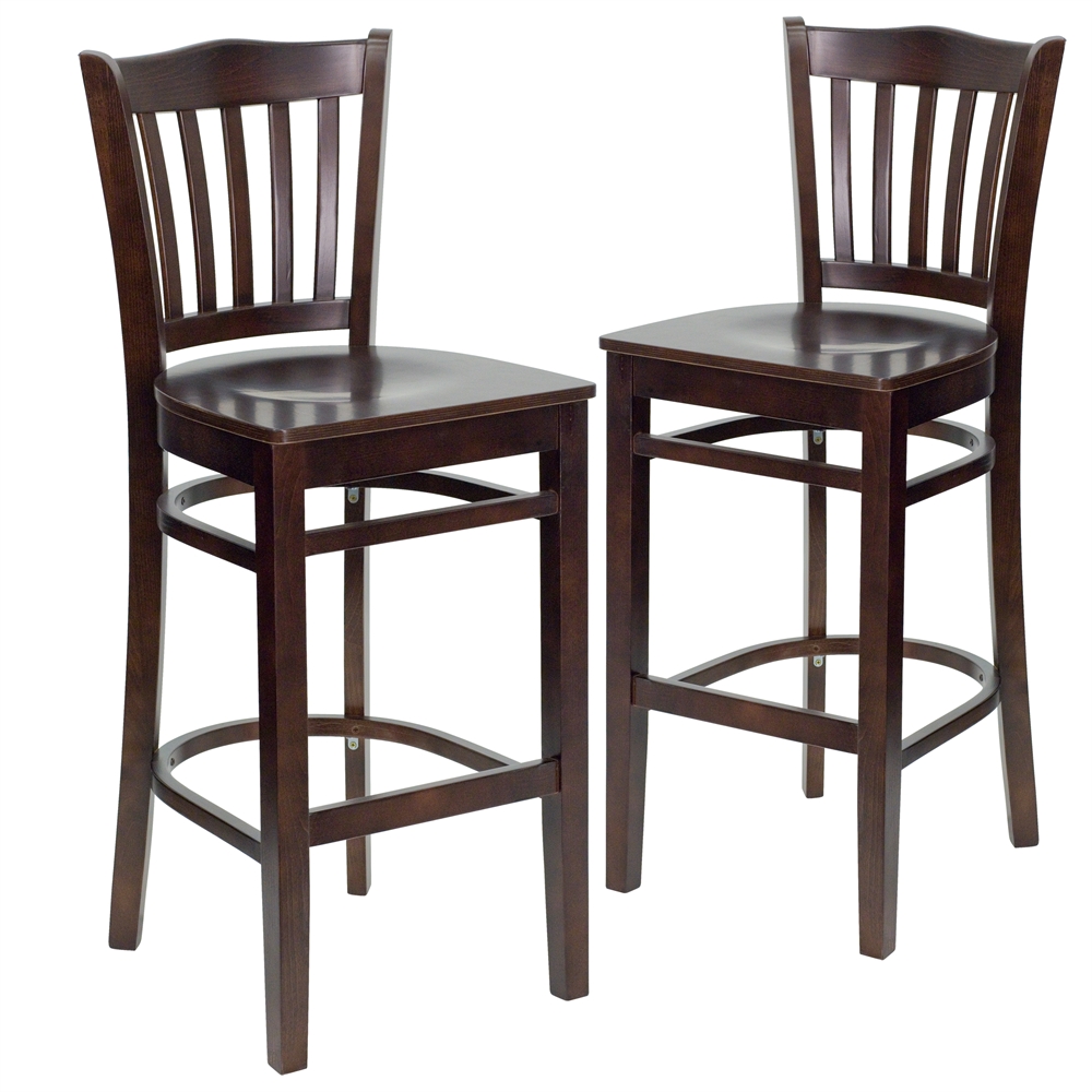 2 Pk. HERCULES Series Walnut Finished Vertical Slat Back Wooden Restaurant Barstool. The main picture.