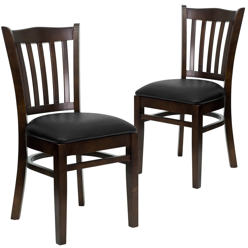 2 Pk. HERCULES Series Walnut Finished Vertical Slat Back Wooden Restaurant Chair - Black Vinyl Seat. The main picture.
