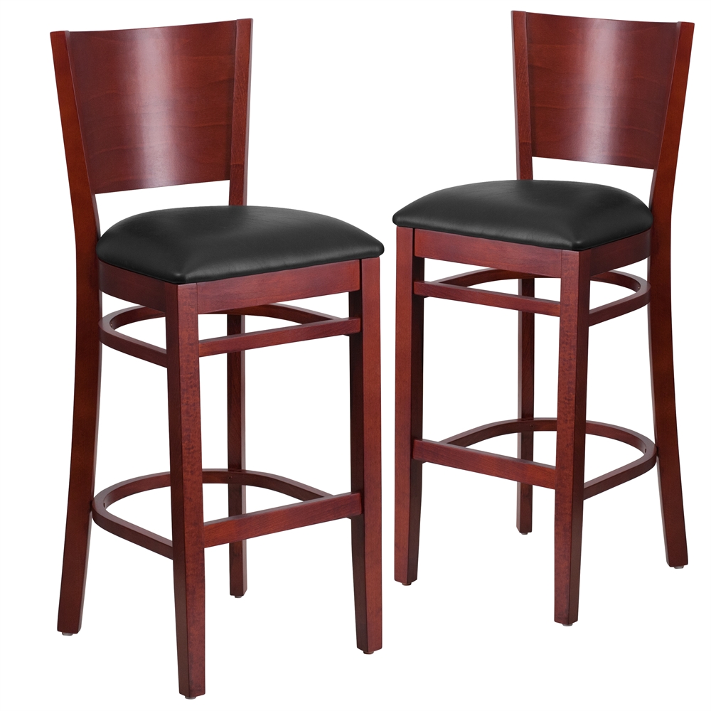 2 Pk. Lacey Series Solid Back Mahogany Wooden Restaurant Barstool - Black Vinyl Seat. Picture 1