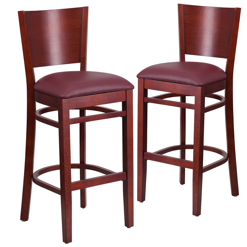 2 Pk. Lacey Series Solid Back Mahogany Wooden Restaurant Barstool - Burgundy Vinyl Seat. Picture 1