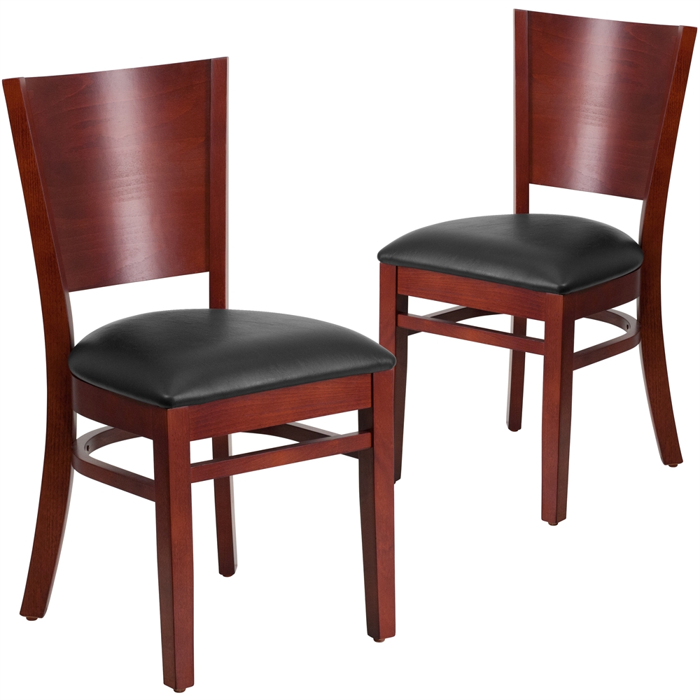 2 Pk. Lacey Series Solid Back Mahogany Wooden Restaurant Chair - Black Vinyl Seat. Picture 1