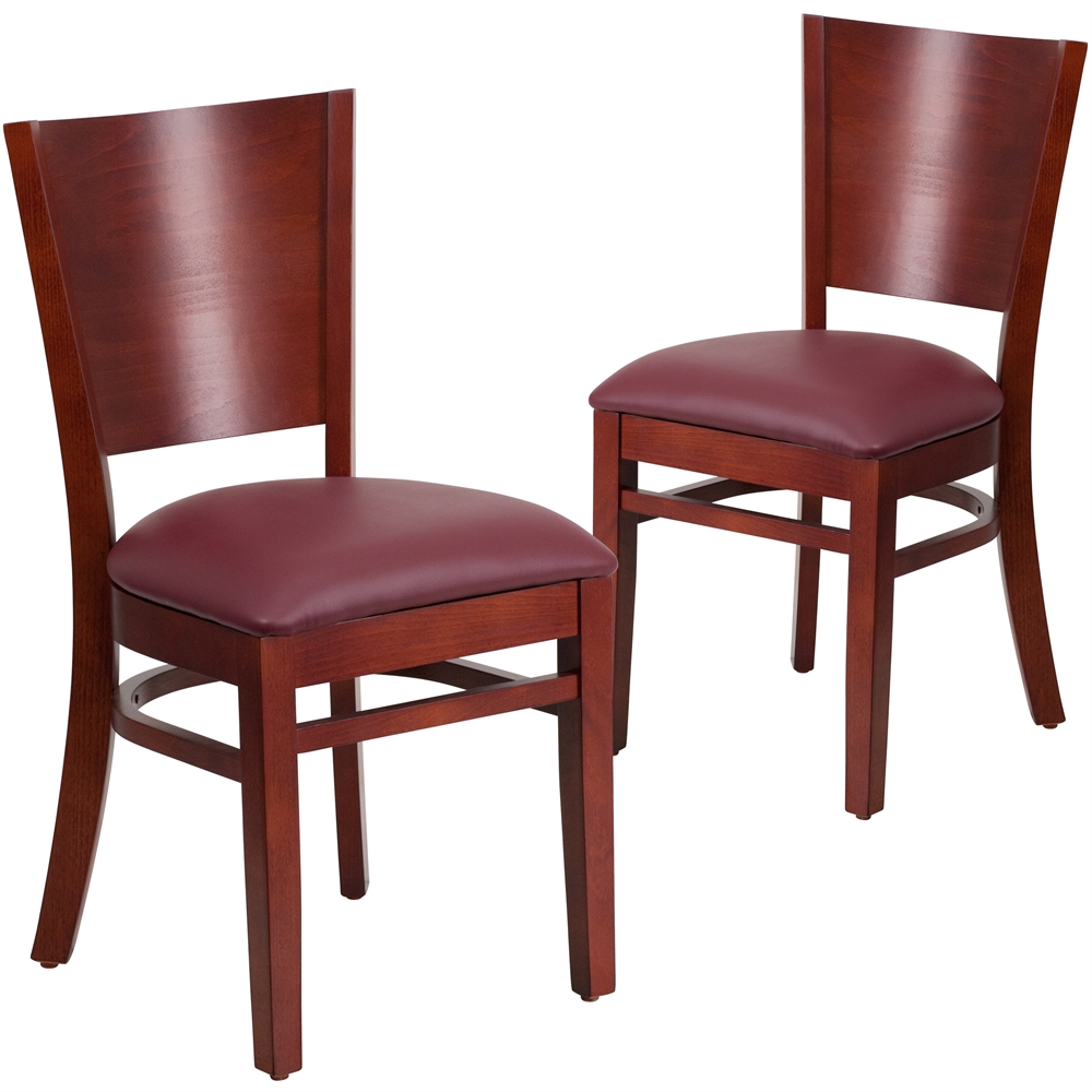 2 Pk. Lacey Series Solid Back Mahogany Wooden Restaurant Chair - Burgundy Vinyl Seat. Picture 1