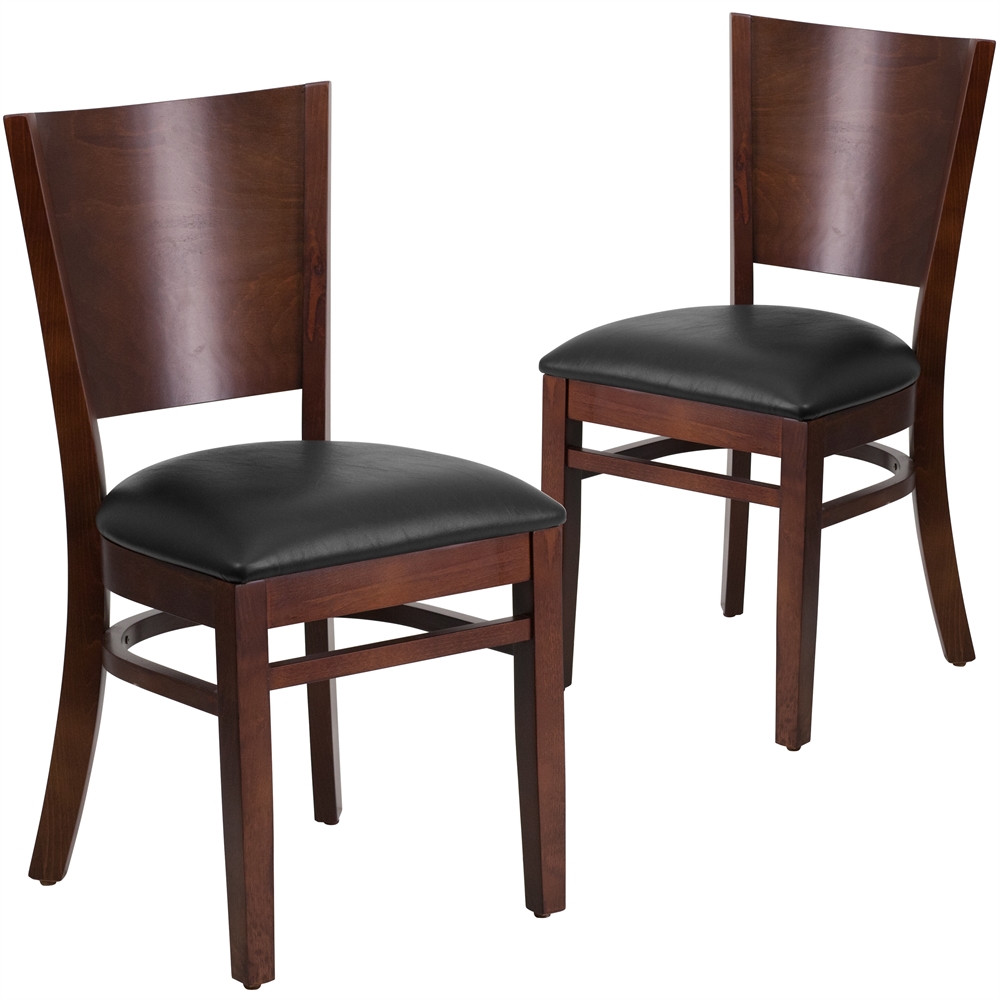 2 Pk. Lacey Series Solid Back Walnut Wooden Restaurant Chair - Black Vinyl Seat. Picture 1