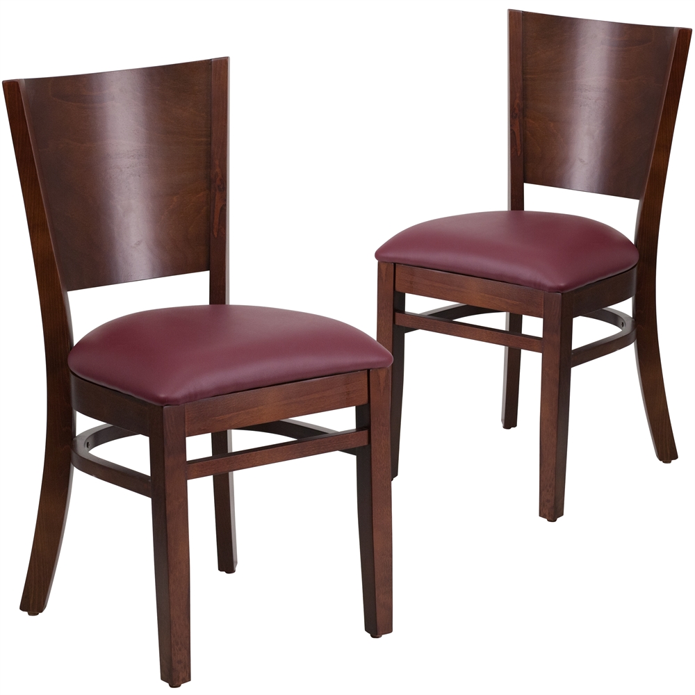 2 Pk. Lacey Series Solid Back Walnut Wooden Restaurant Chair - Burgundy Vinyl Seat. Picture 1