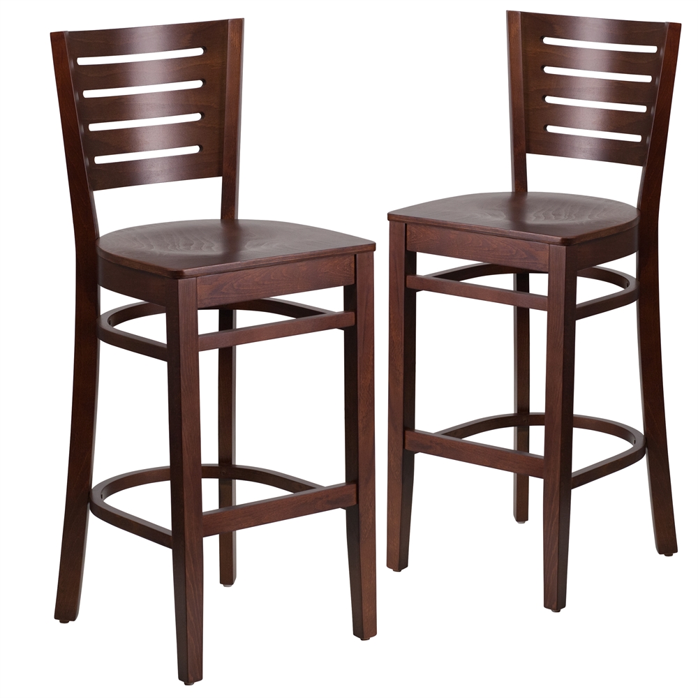 2 Pk. Darby Series Slat Back Walnut Wooden Restaurant Barstool. The main picture.