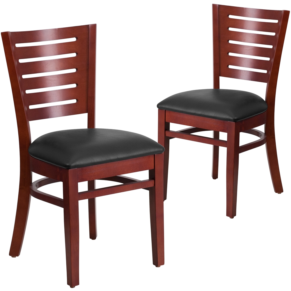 2 Pk. Darby Series Slat Back Mahogany Wooden Restaurant Chair - Black Vinyl Seat. Picture 1