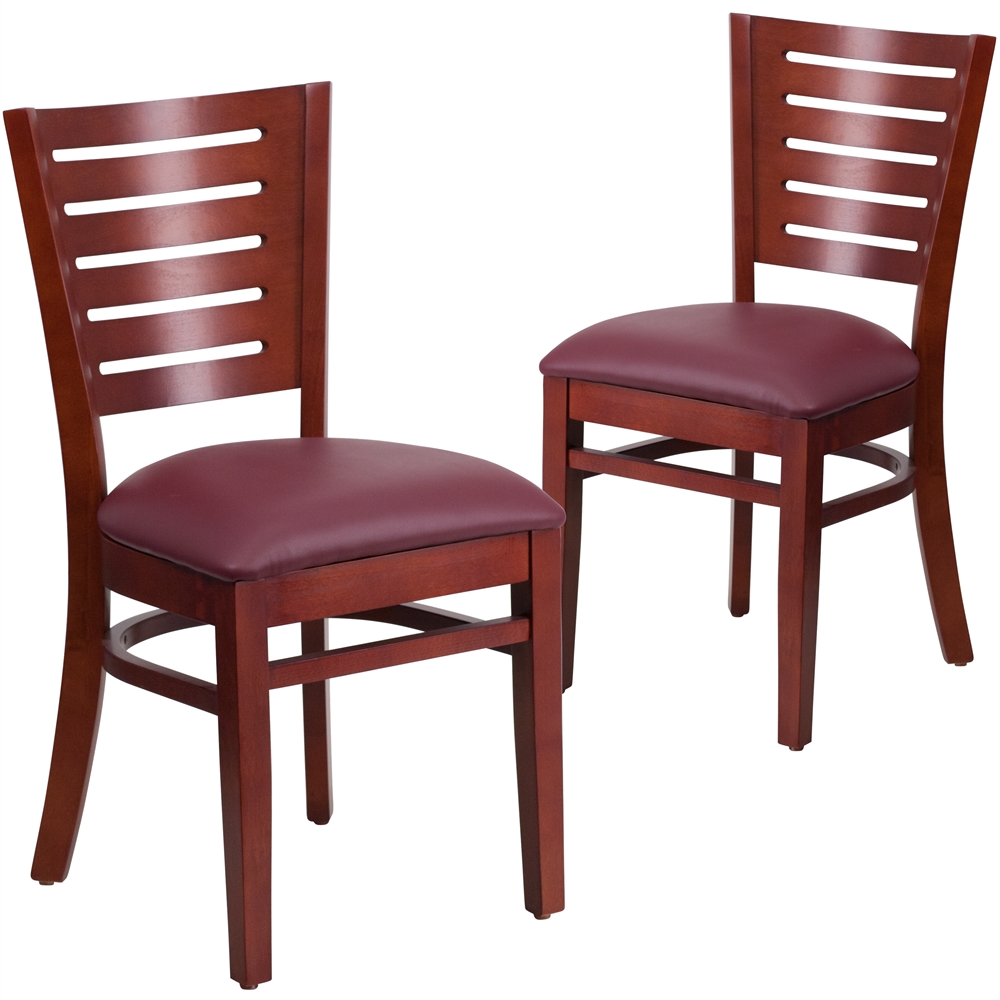 2 Pk. Darby Series Slat Back Mahogany Wooden Restaurant Chair - Burgundy Vinyl Seat. Picture 1