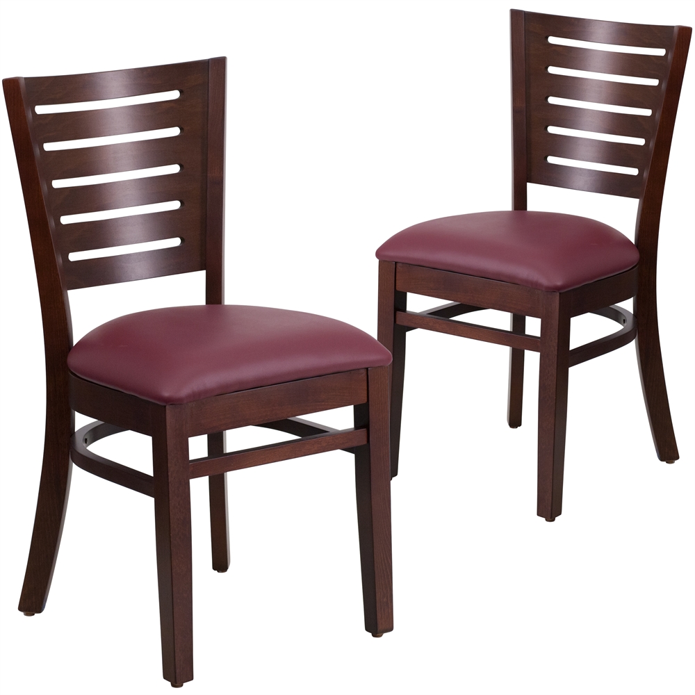 2 Pk. Darby Series Slat Back Walnut Wooden Restaurant Chair - Burgundy Vinyl Seat. Picture 1