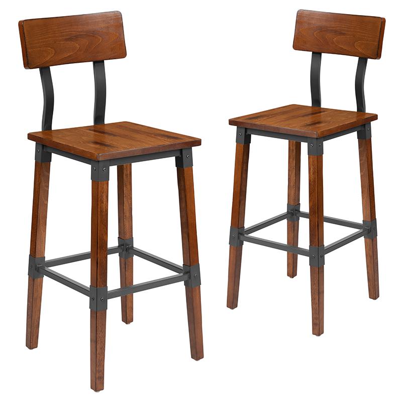 2 Pack Rustic Antique Walnut Industrial Wood Dining Barstool. Picture 3