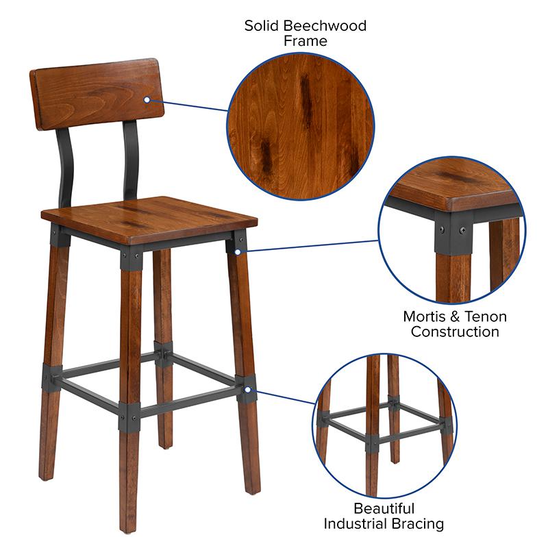 2 Pack Rustic Antique Walnut Industrial Wood Dining Barstool. Picture 5