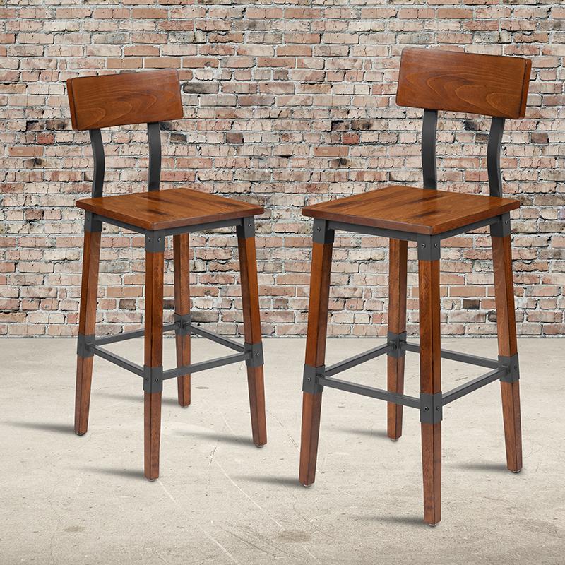 2 Pack Rustic Antique Walnut Industrial Wood Dining Barstool. Picture 1