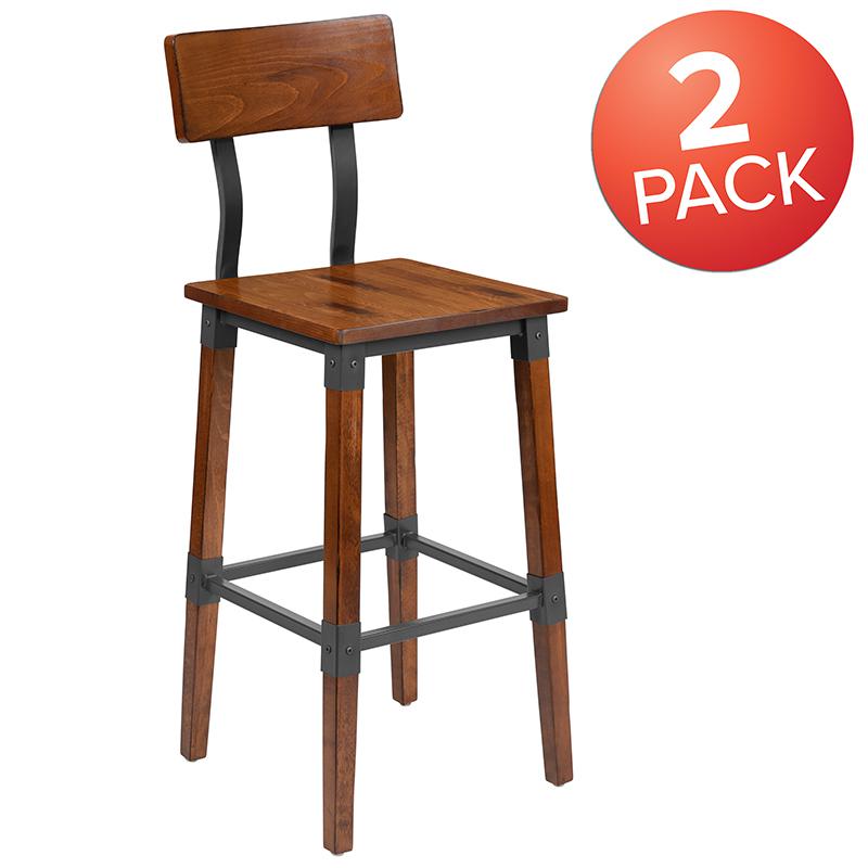 2 Pack Rustic Antique Walnut Industrial Wood Dining Barstool. Picture 2