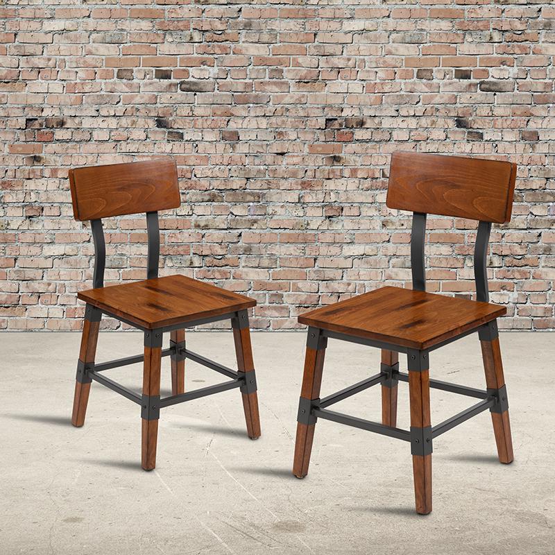 2 Pack Rustic Antique Walnut Industrial Wood Dining Chair. Picture 1