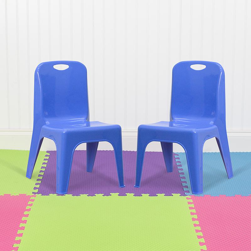2 Pack Blue Plastic Stackable School Chair with Carrying Handle and 11" Seat Height. Picture 1