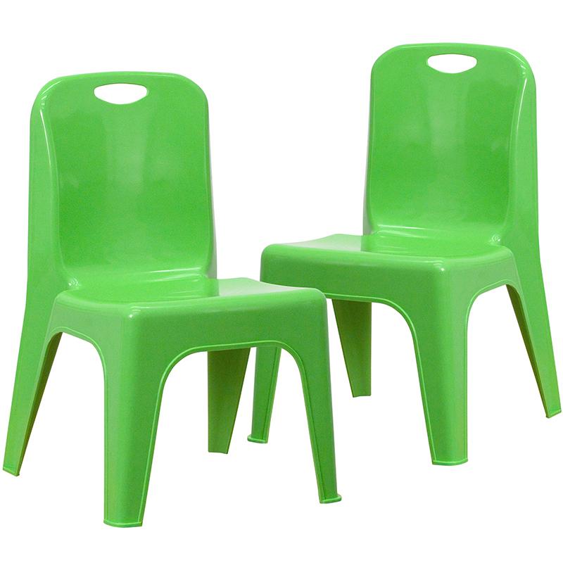 2 Pack Green Plastic Stackable School Chair with Carrying Handle and 11" Seat Height. Picture 3