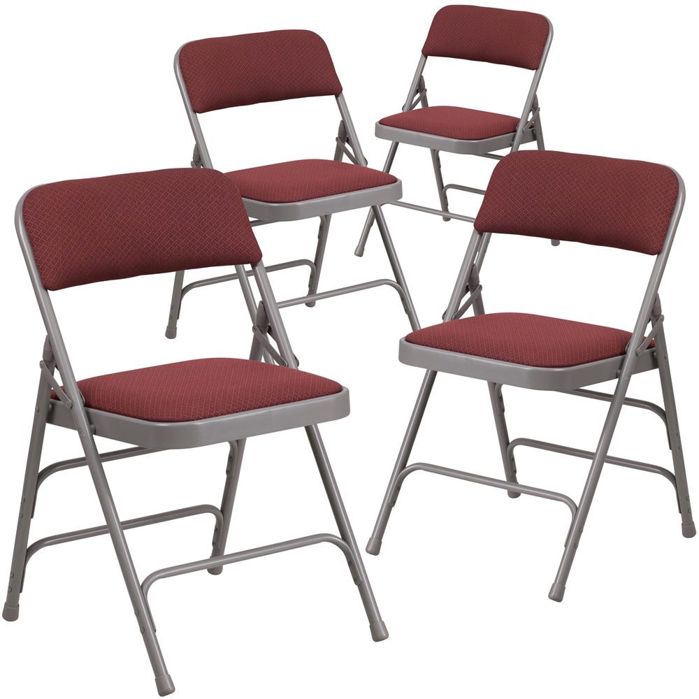 4 Pk. HERCULES Series Curved Triple Braced & Double Hinged Burgundy Patterned Fabric Upholstered Metal Folding Chair. Picture 1