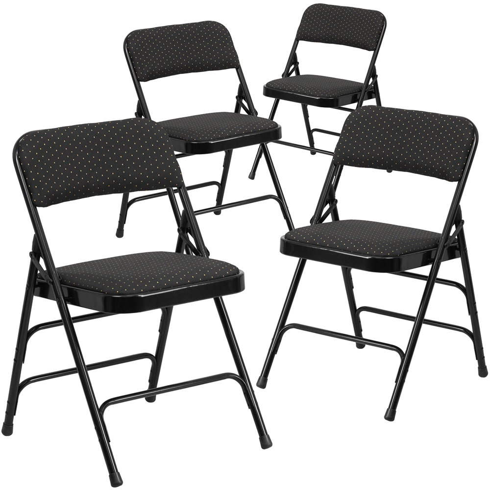 4 Pk. HERCULES Series Curved Triple Braced & Double Hinged Black Patterned Fabric Upholstered Metal Folding Chair. Picture 1