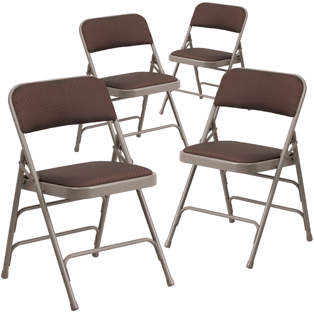 4 Pk. HERCULES Series Curved Triple Braced & Double Hinged Brown Patterned Fabric Upholstered Metal Folding Chair. Picture 1