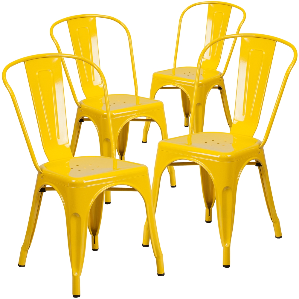 4 Pk. Yellow Metal Indoor-Outdoor Stackable Chair. Picture 1