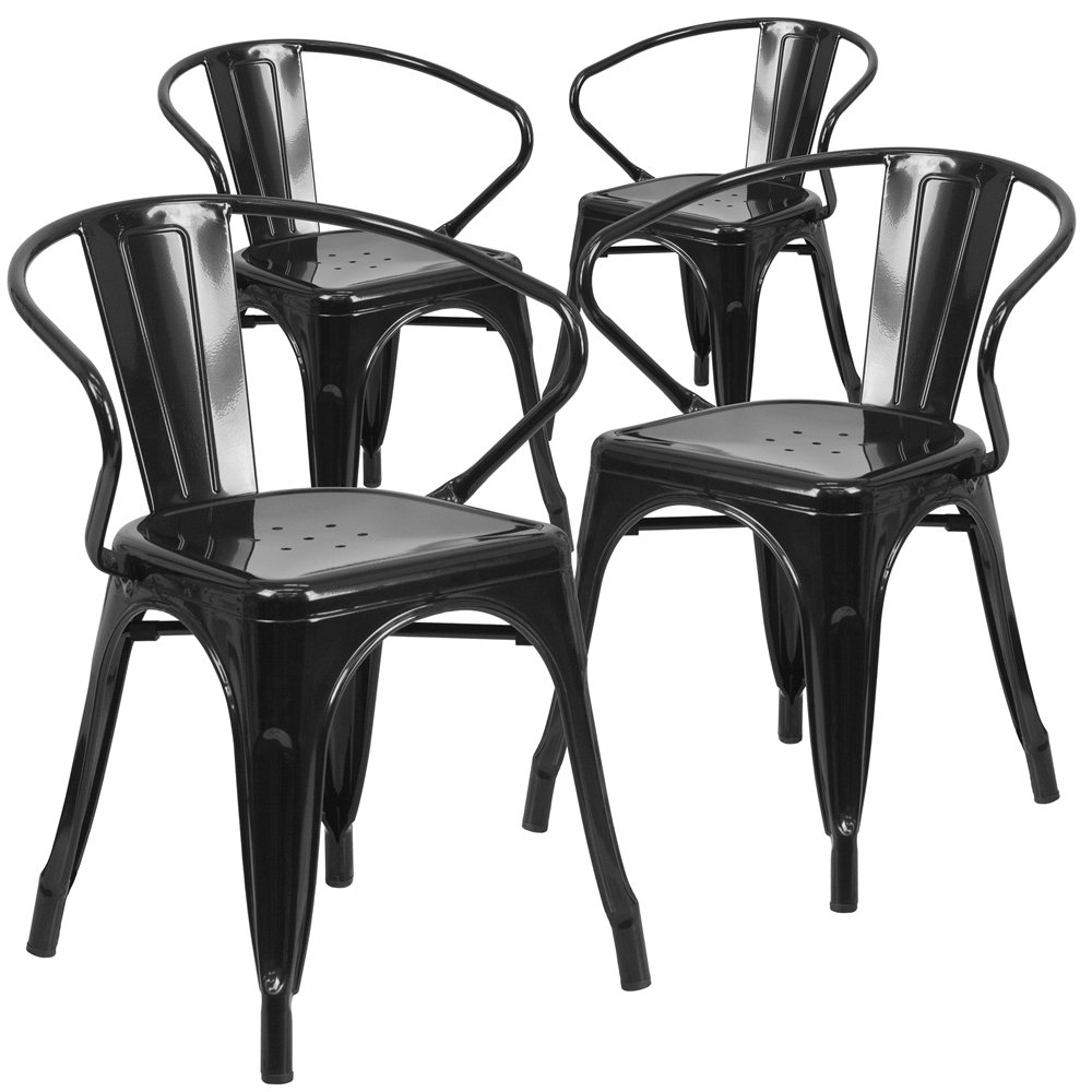 4 Pk. Black Metal Indoor-Outdoor Chair with Arms. Picture 1