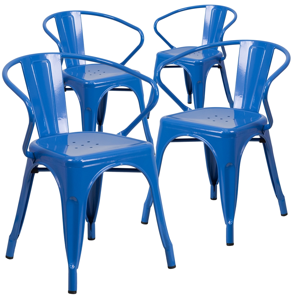 4 Pk. Blue Metal Indoor-Outdoor Chair with Arms. Picture 1