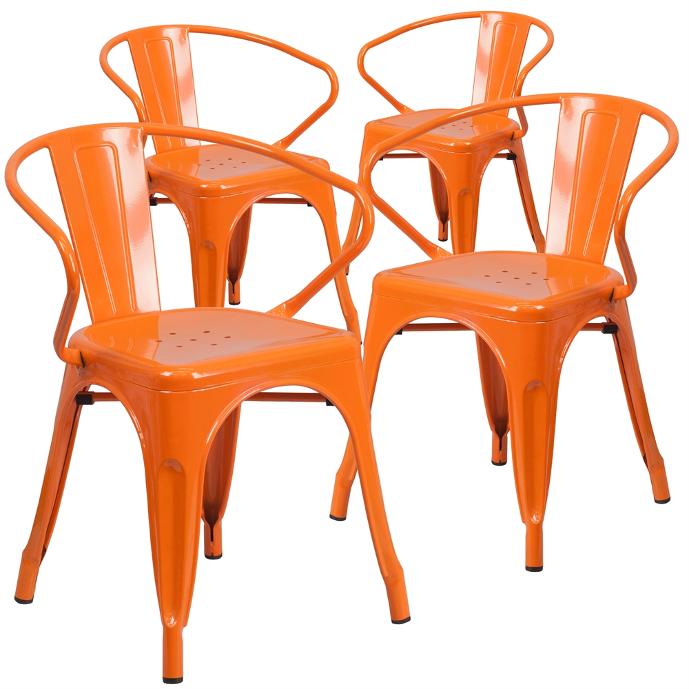 4 Pk. Orange Metal Indoor-Outdoor Chair with Arms. Picture 1