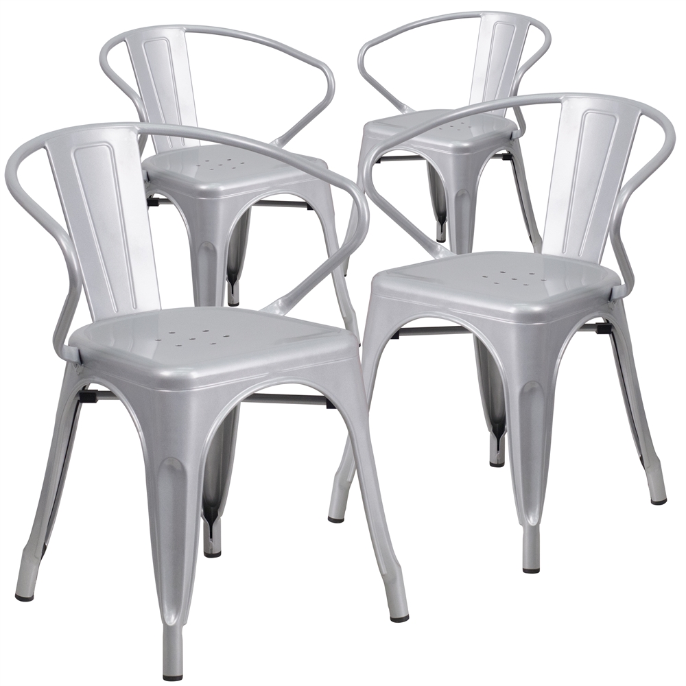 4 Pk. Silver Metal Indoor-Outdoor Chair with Arms. Picture 1
