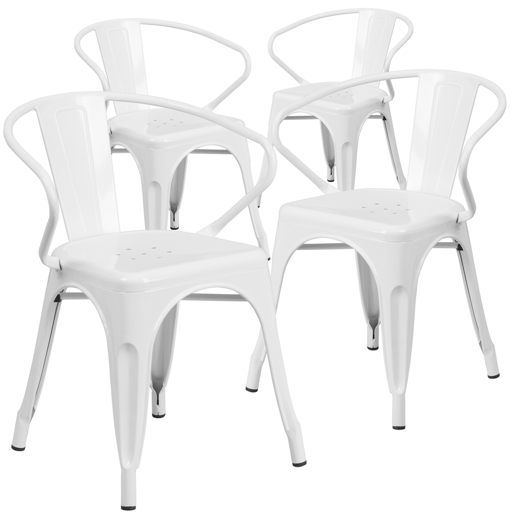 4 Pk. White Metal Indoor-Outdoor Chair with Arms. Picture 1