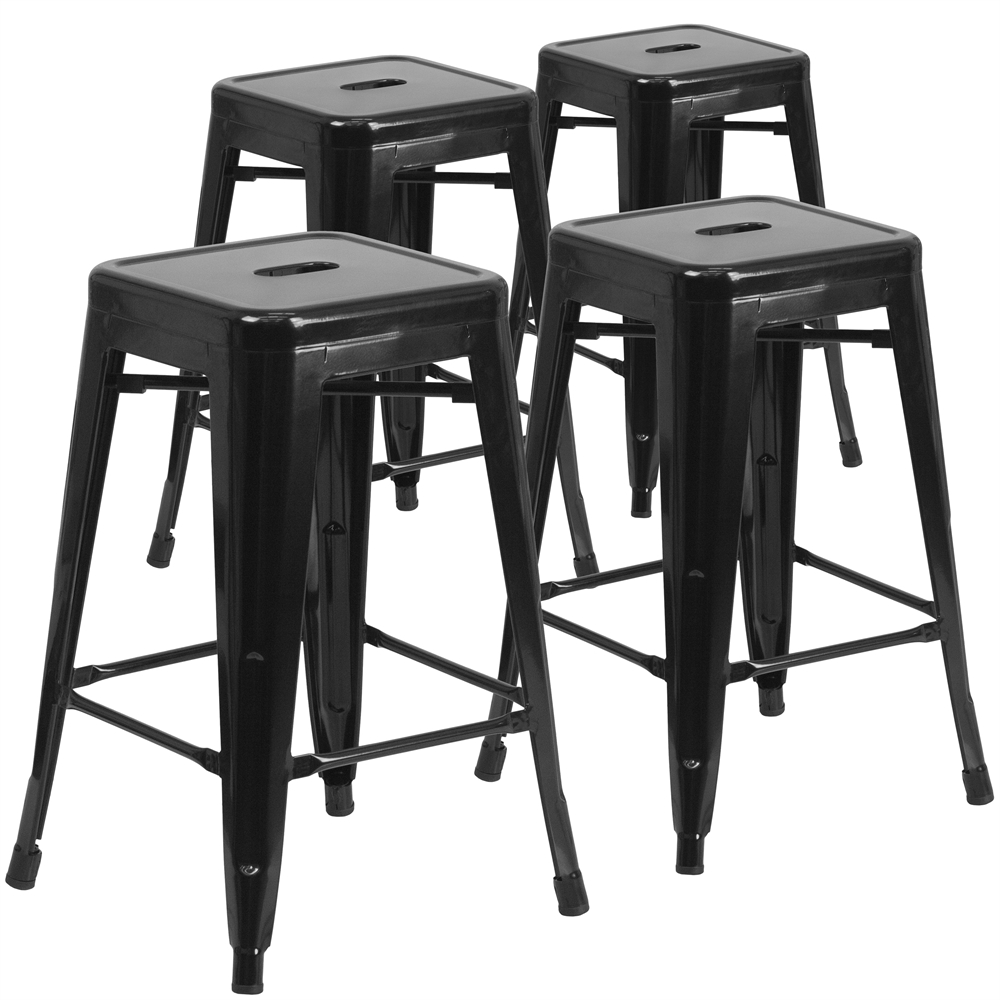 4 Pk. 24'' High Backless Black Metal Indoor-Outdoor Counter Height Stool with Square Seat. Picture 1