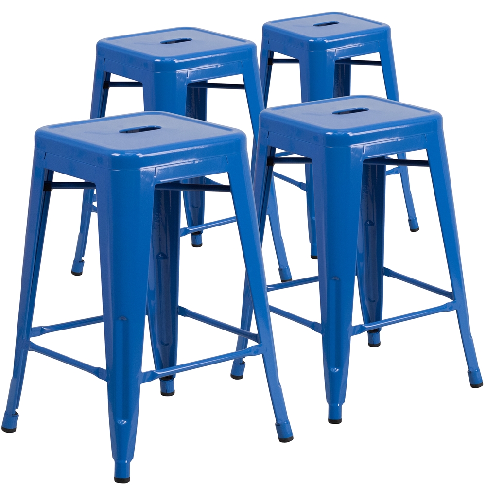 4 Pk. 24'' High Backless Blue Metal Indoor-Outdoor Counter Height Stool with Square Seat. Picture 1