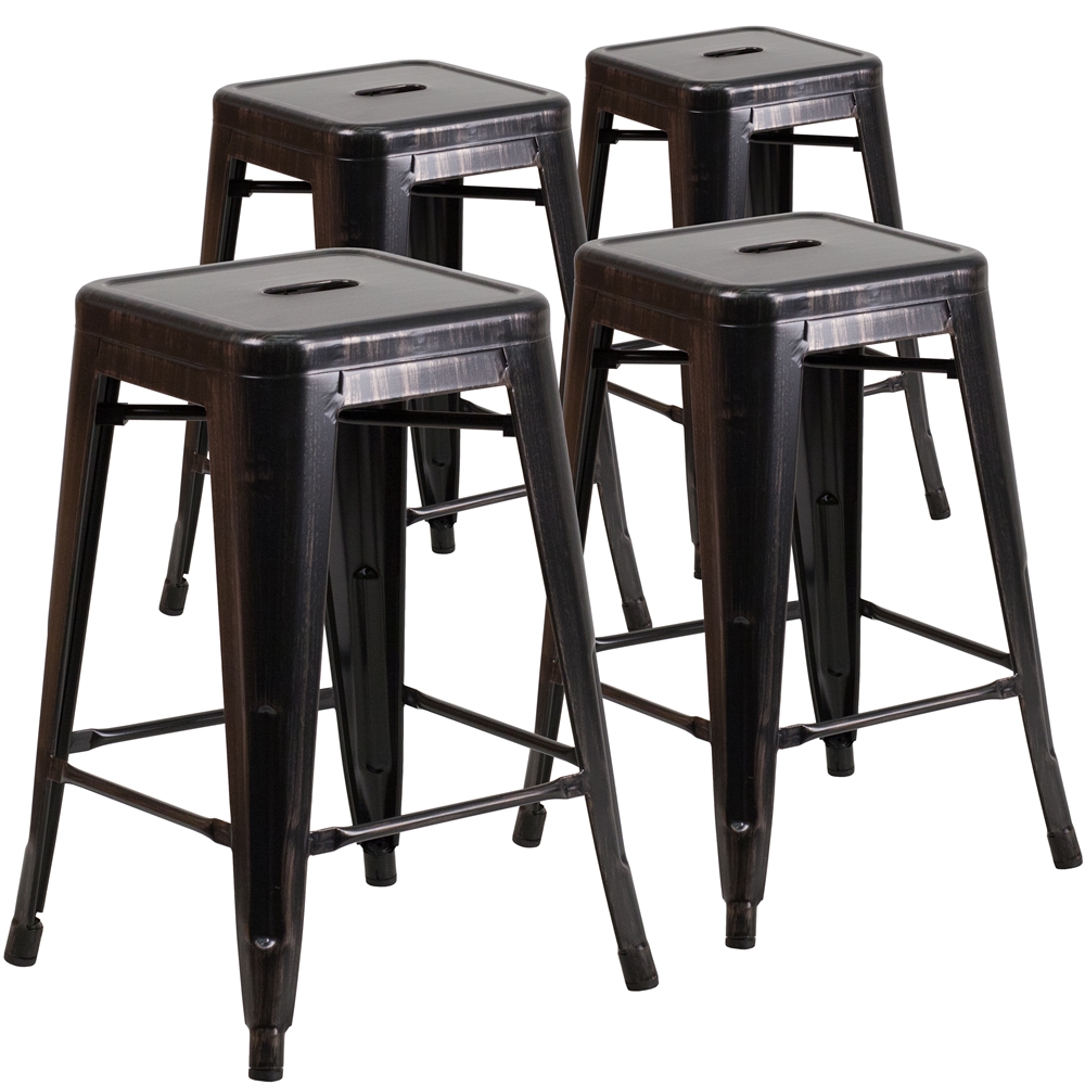 4 Pk. 24'' High Backless Black-Antique Gold Metal Indoor-Outdoor Counter Height Stool with Square Seat. The main picture.