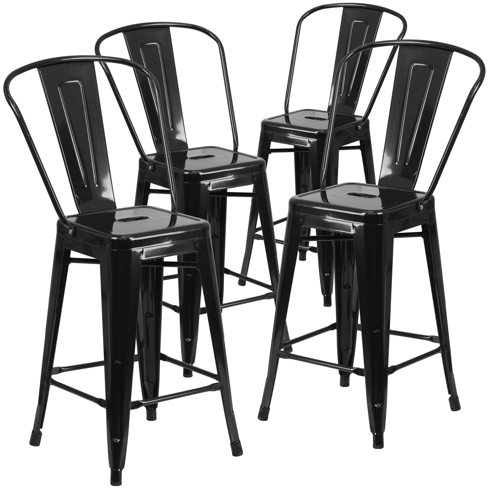 4 Pk. 24'' High Black Metal Indoor-Outdoor Counter Height Stool with Back. Picture 1