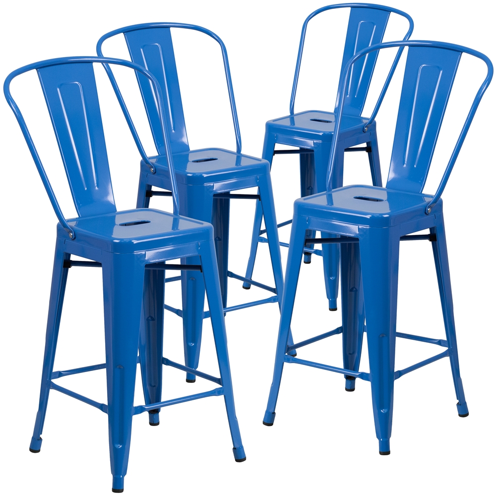 4 Pk. 24'' High Blue Metal Indoor-Outdoor Counter Height Stool with Back. Picture 1