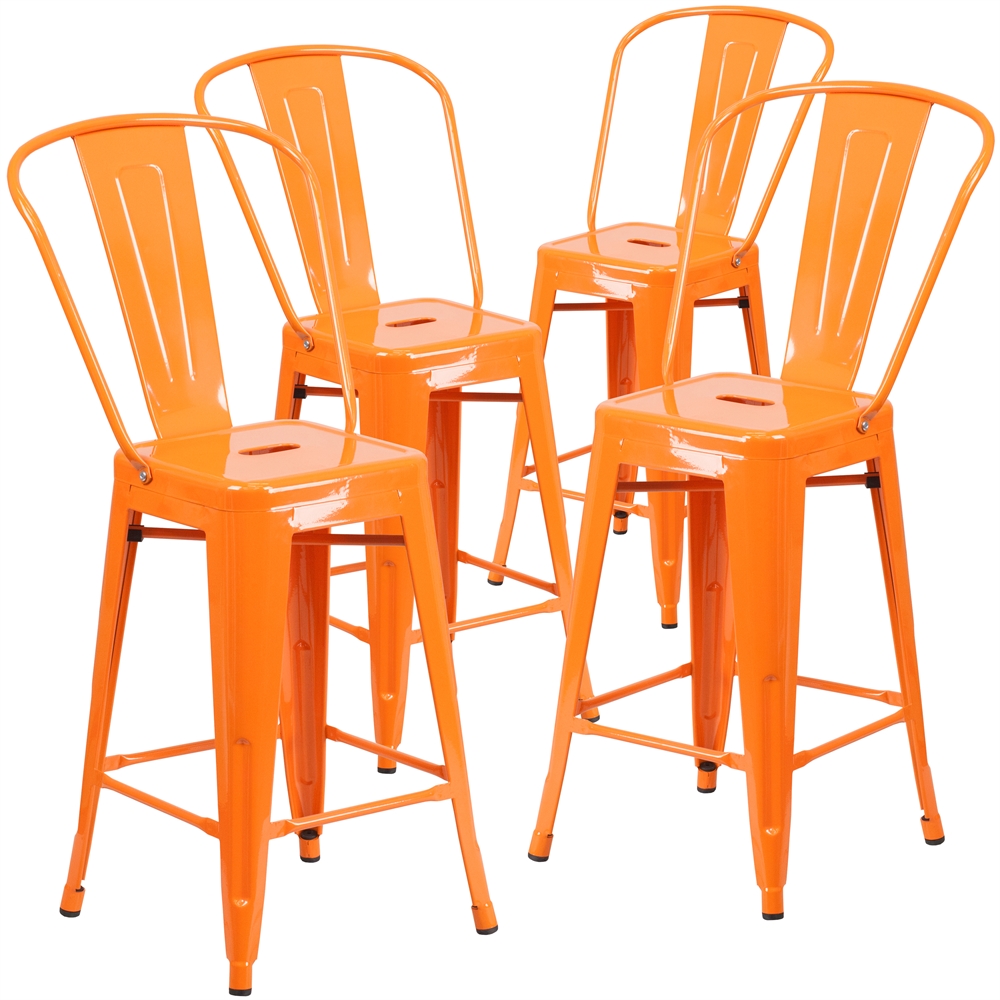 4 Pk. 24'' High Orange Metal Indoor-Outdoor Counter Height Stool with Back. Picture 1