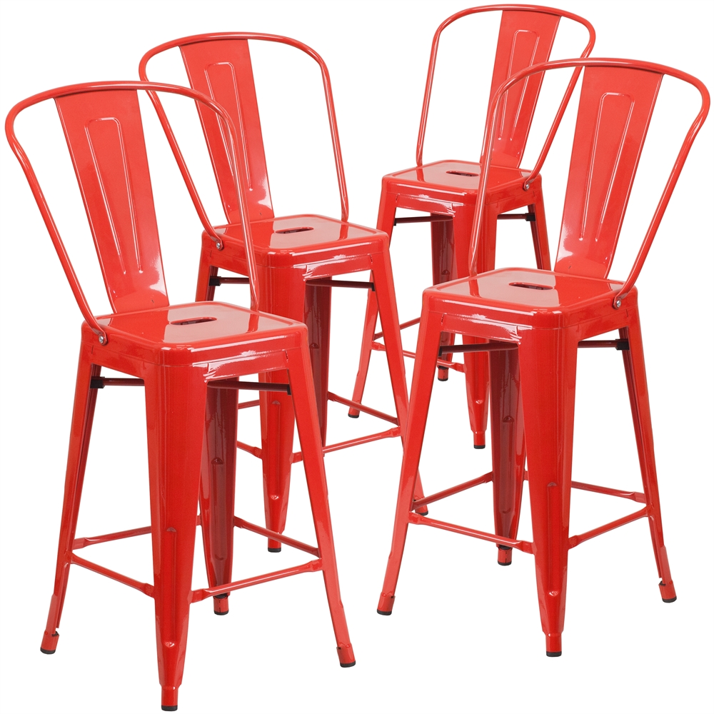 4 Pk. 24'' High Red Metal Indoor-Outdoor Counter Height Stool with Back. Picture 1