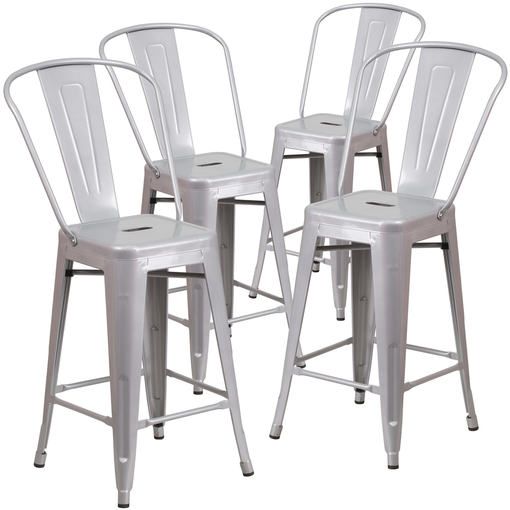 4 Pk. 24'' High Silver Metal Indoor-Outdoor Counter Height Stool with Back. Picture 1