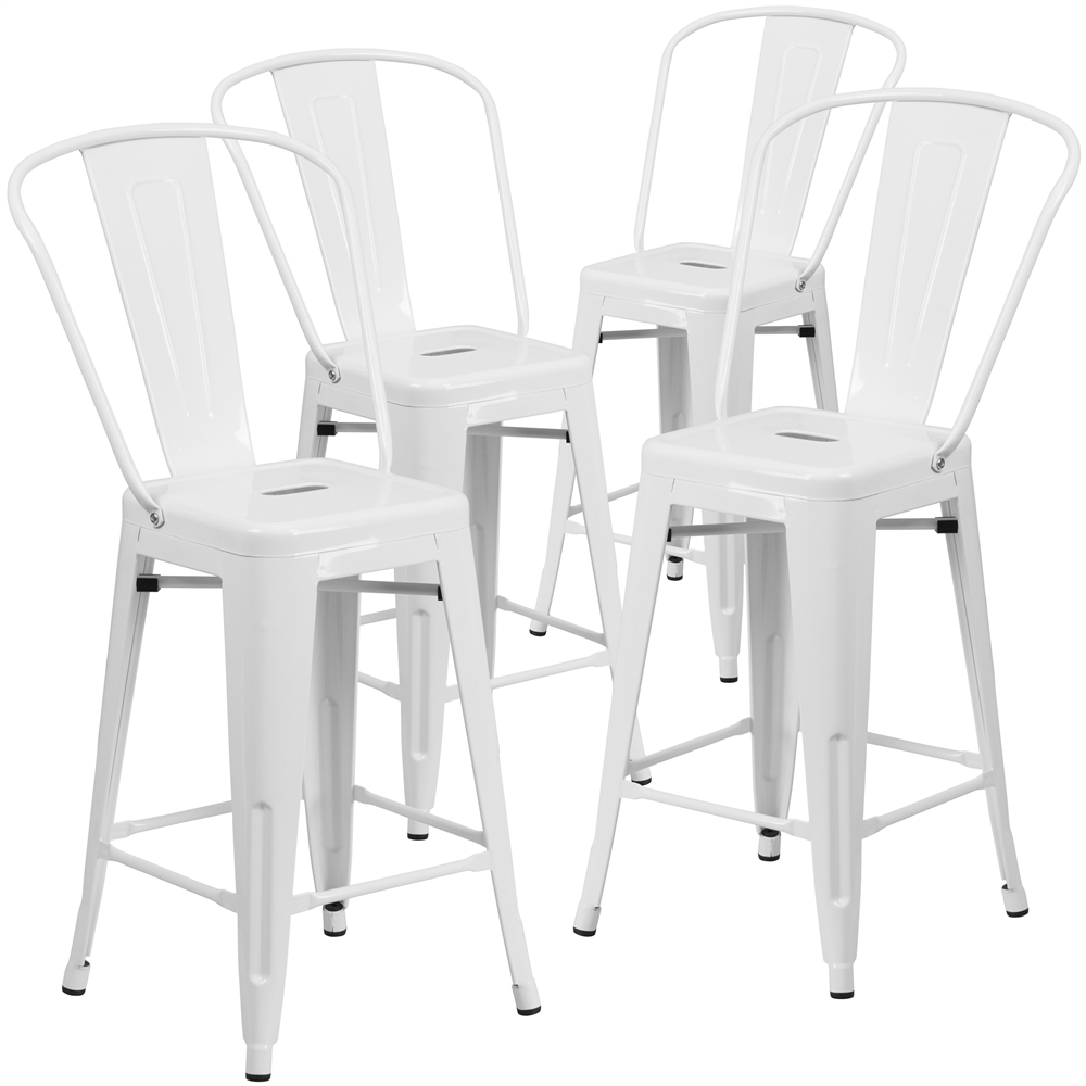 4 Pk. 24'' High White Metal Indoor-Outdoor Counter Height Stool with Back. The main picture.