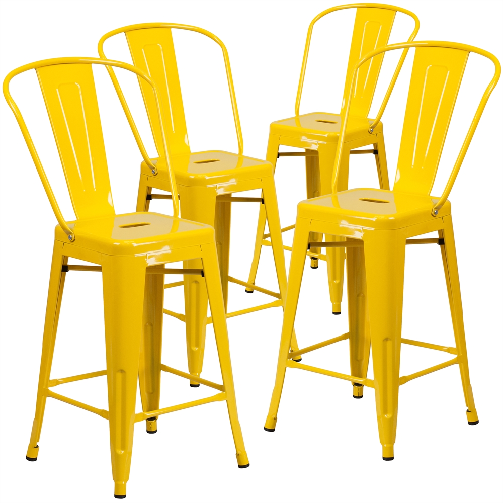 4 Pk. 24'' High Yellow Metal Indoor-Outdoor Counter Height Stool with Back. Picture 1