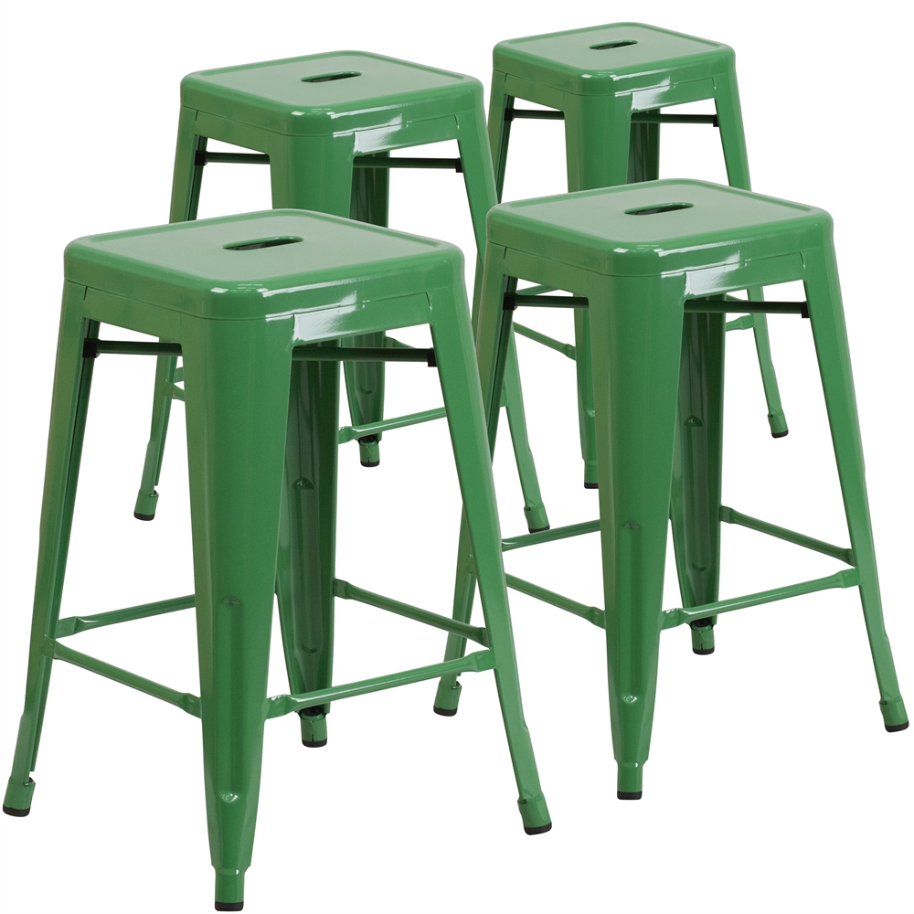 4 Pk. 24'' High Backless Green Metal Indoor-Outdoor Counter Height Stool with Square Seat. Picture 1