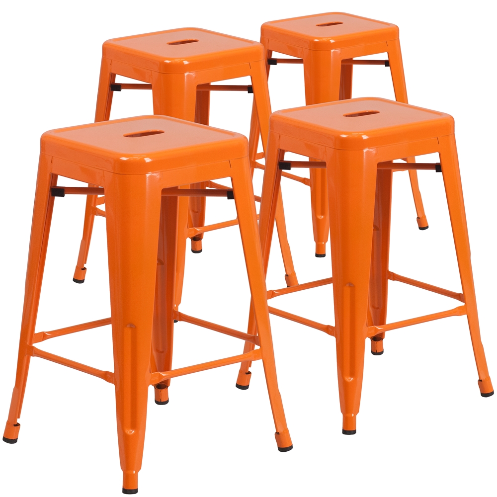 4 Pk. 24'' High Backless Orange Metal Indoor-Outdoor Counter Height Stool with Square Seat. Picture 1