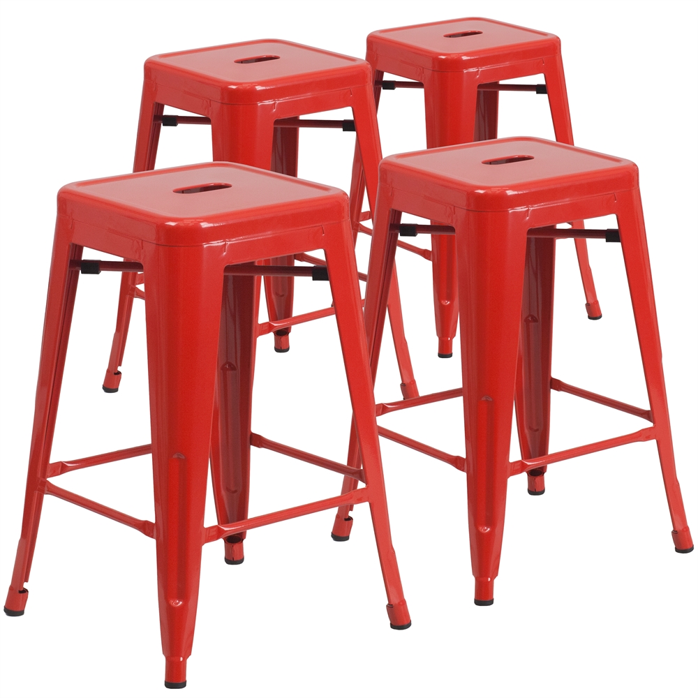 4 Pk. 24'' High Backless Red Metal Indoor-Outdoor Counter Height Stool with Square Seat. Picture 1