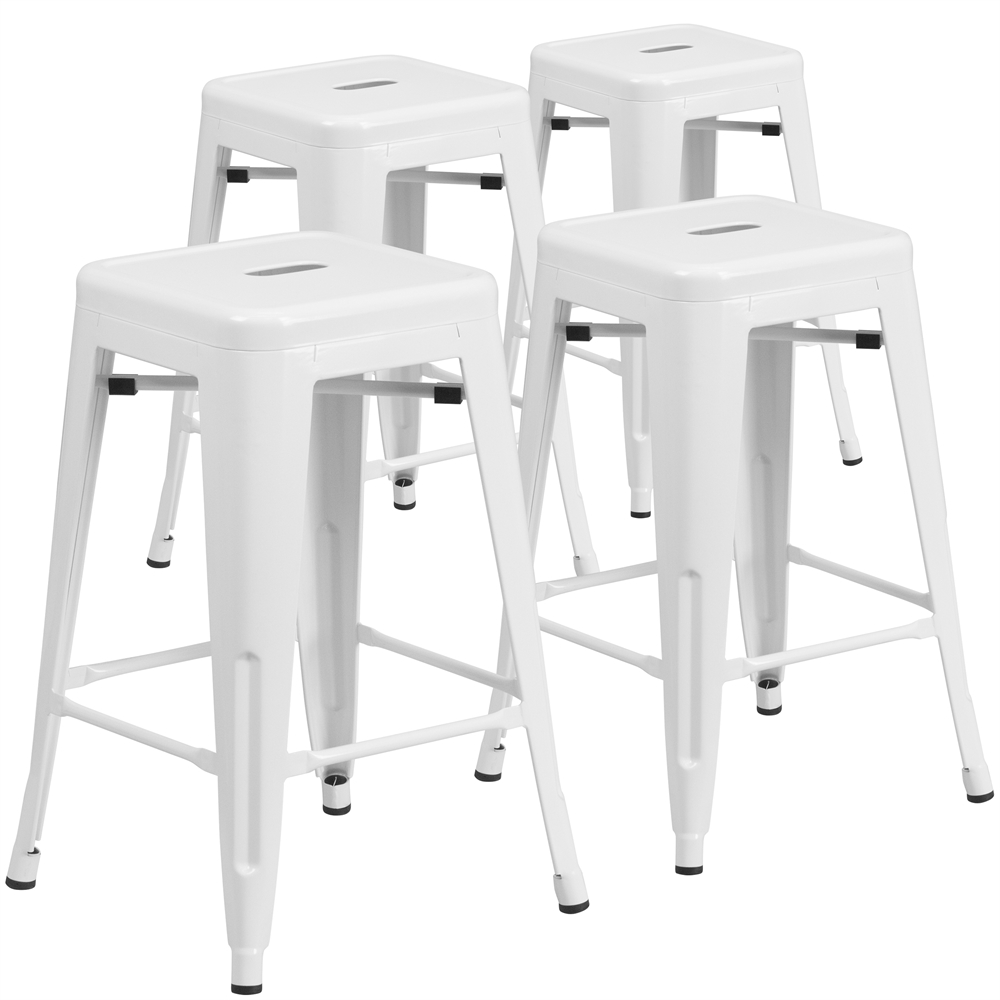 4 Pk. 24'' High Backless White Metal Indoor-Outdoor Counter Height Stool with Square Seat. Picture 1