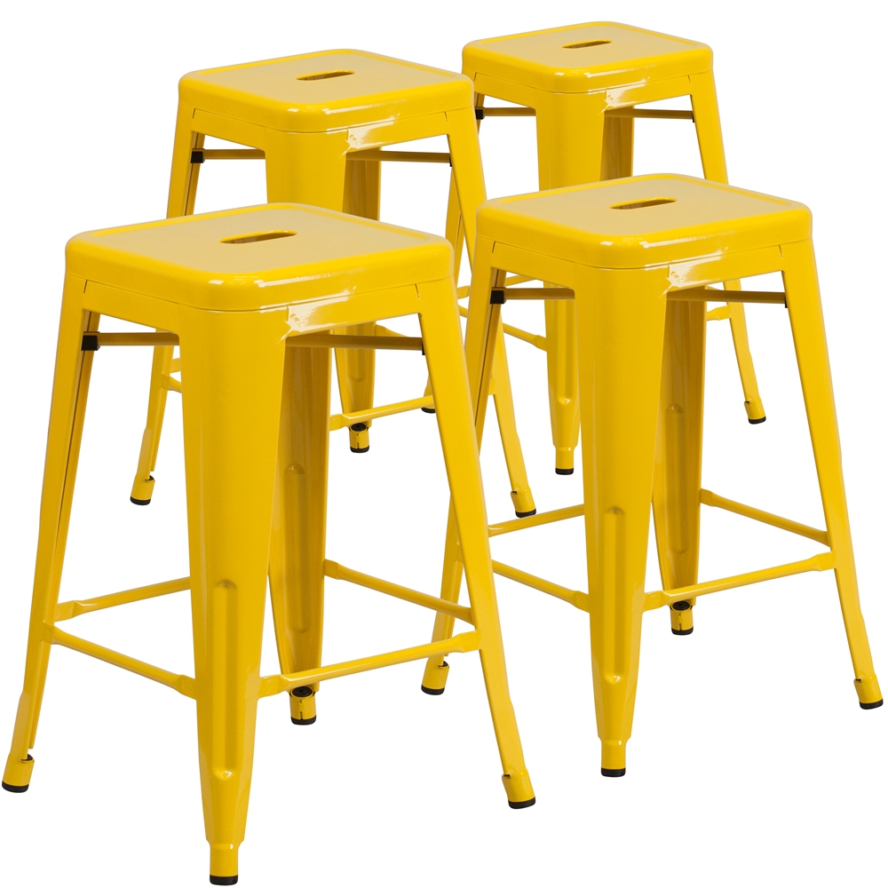 4 Pk. 24'' High Backless Yellow Metal Indoor-Outdoor Counter Height Stool with Square Seat. Picture 1