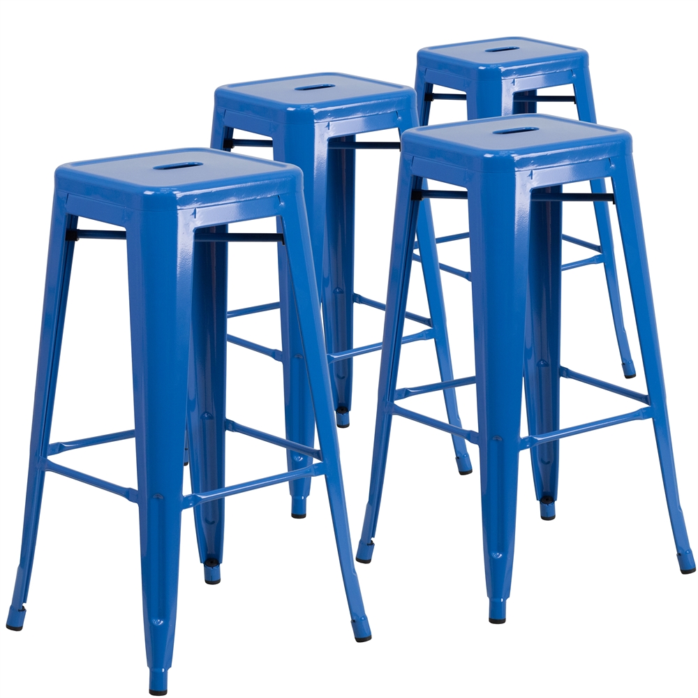 4 Pk. 30'' High Backless Blue Metal Indoor-Outdoor Barstool with Square Seat. Picture 1
