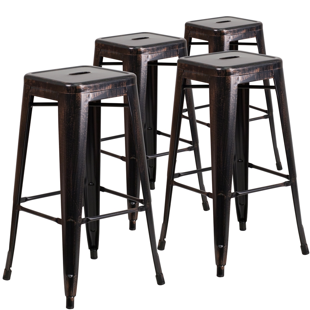 4 Pk. 30'' High Backless Black-Antique Gold Metal Indoor-Outdoor Barstool with Square Seat. Picture 1