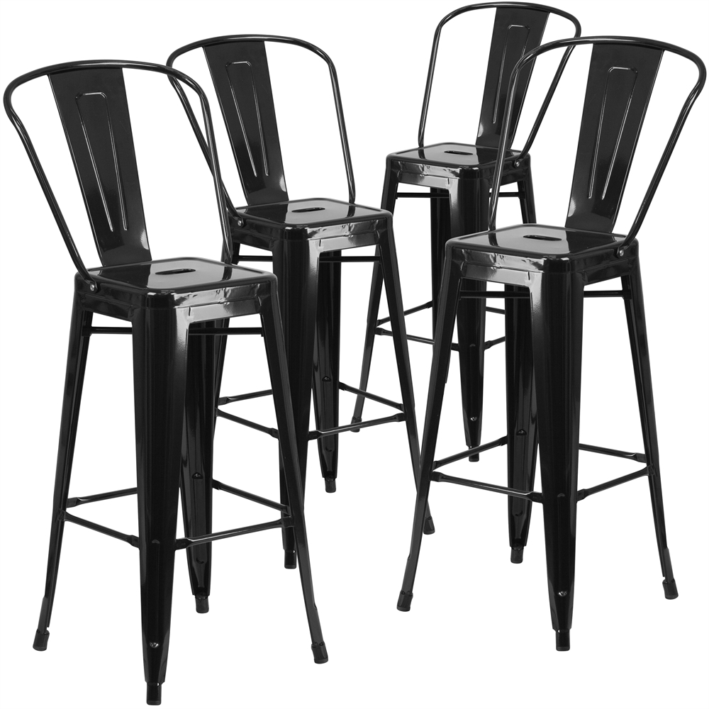 4 Pk. 30'' High Black Metal Indoor-Outdoor Barstool with Back. Picture 1