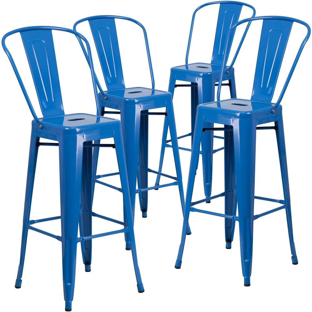 4 Pk. 30'' High Blue Metal Indoor-Outdoor Barstool with Back. Picture 1