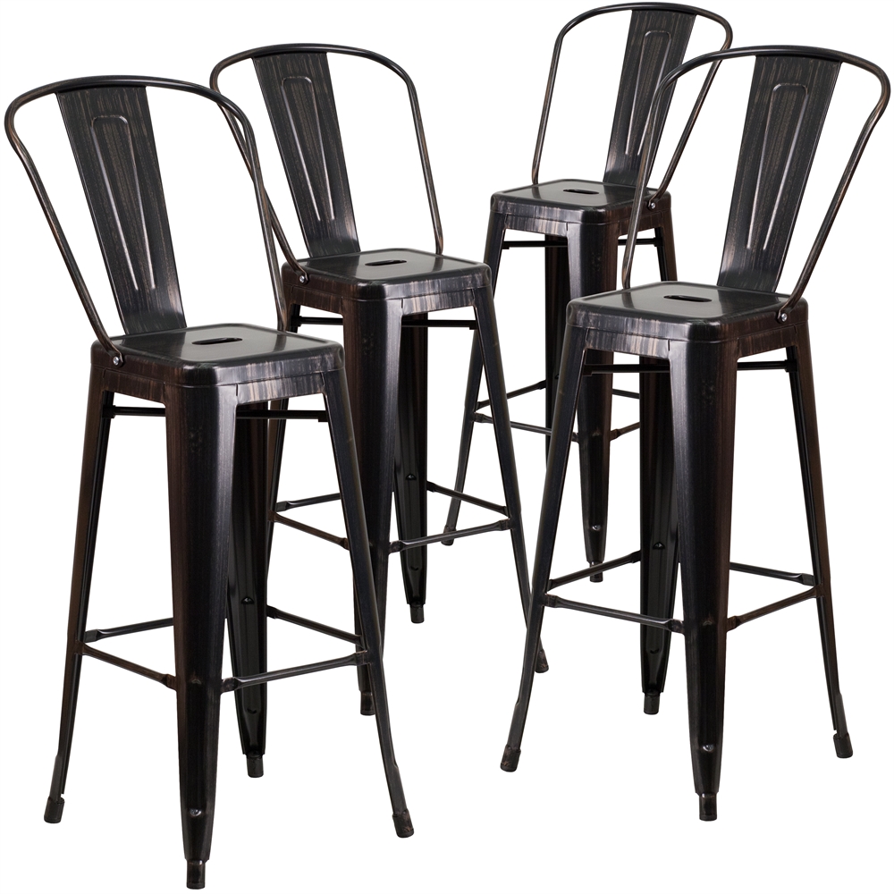 4 Pk. 30'' High Black-Antique Gold Metal Indoor-Outdoor Barstool with Back. Picture 1
