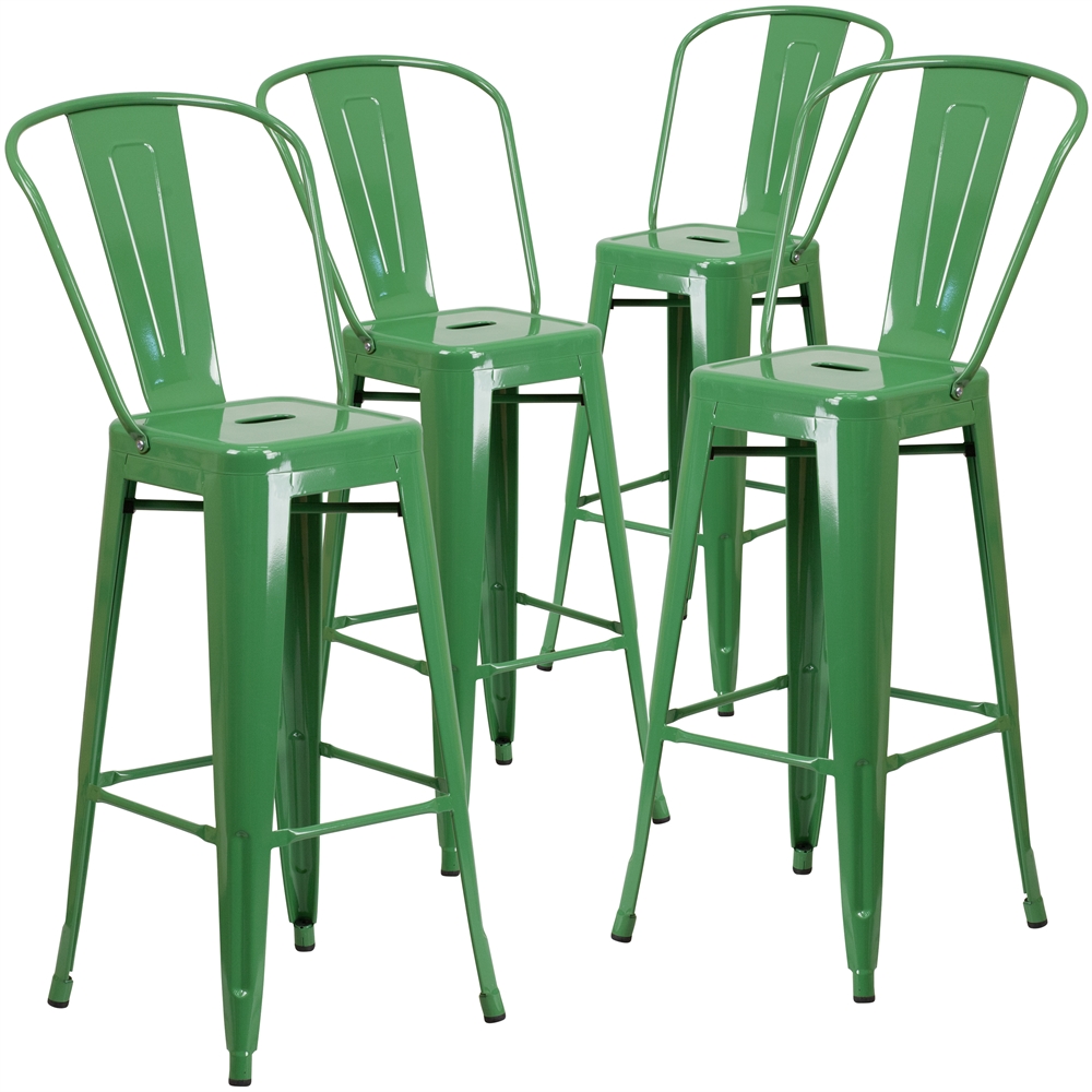 4 Pk. 30'' High Green Metal Indoor-Outdoor Barstool with Back. Picture 1